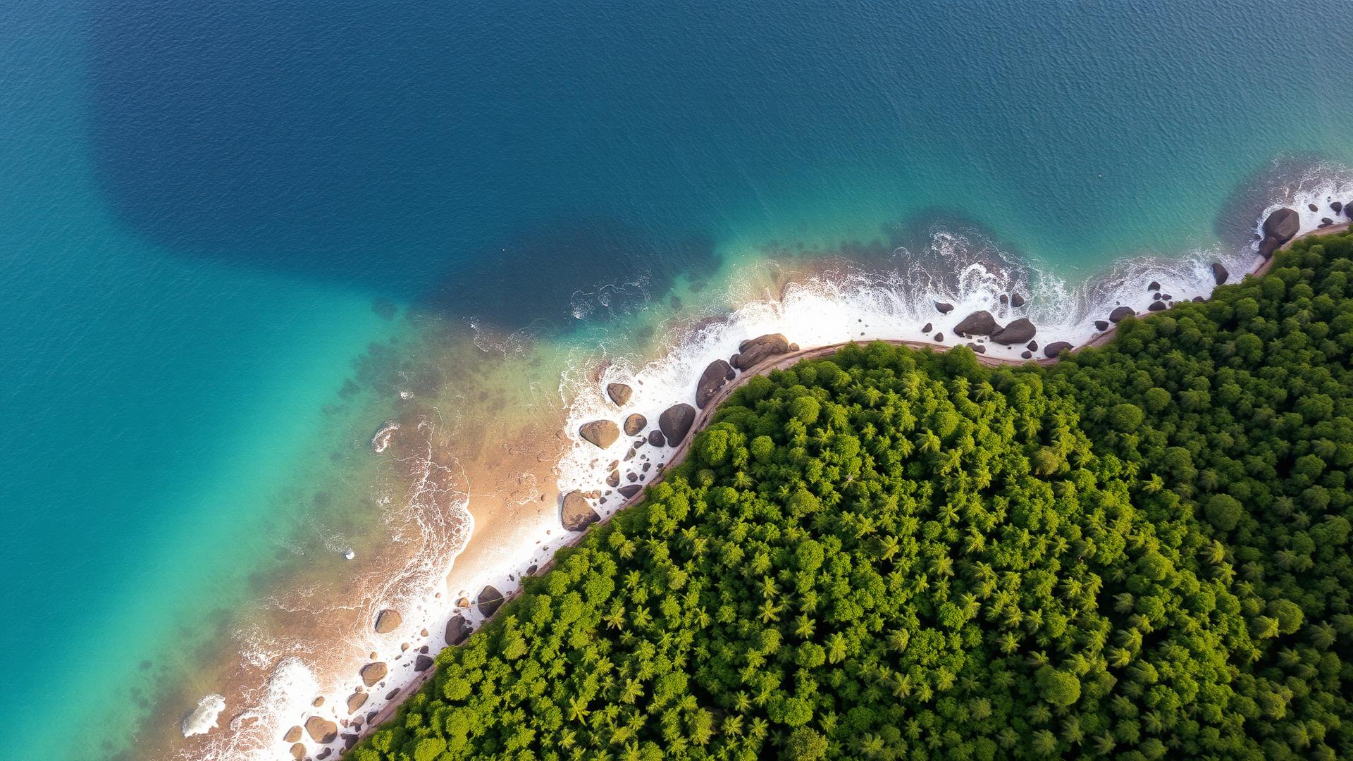 Aerial view of forest meeting ocean